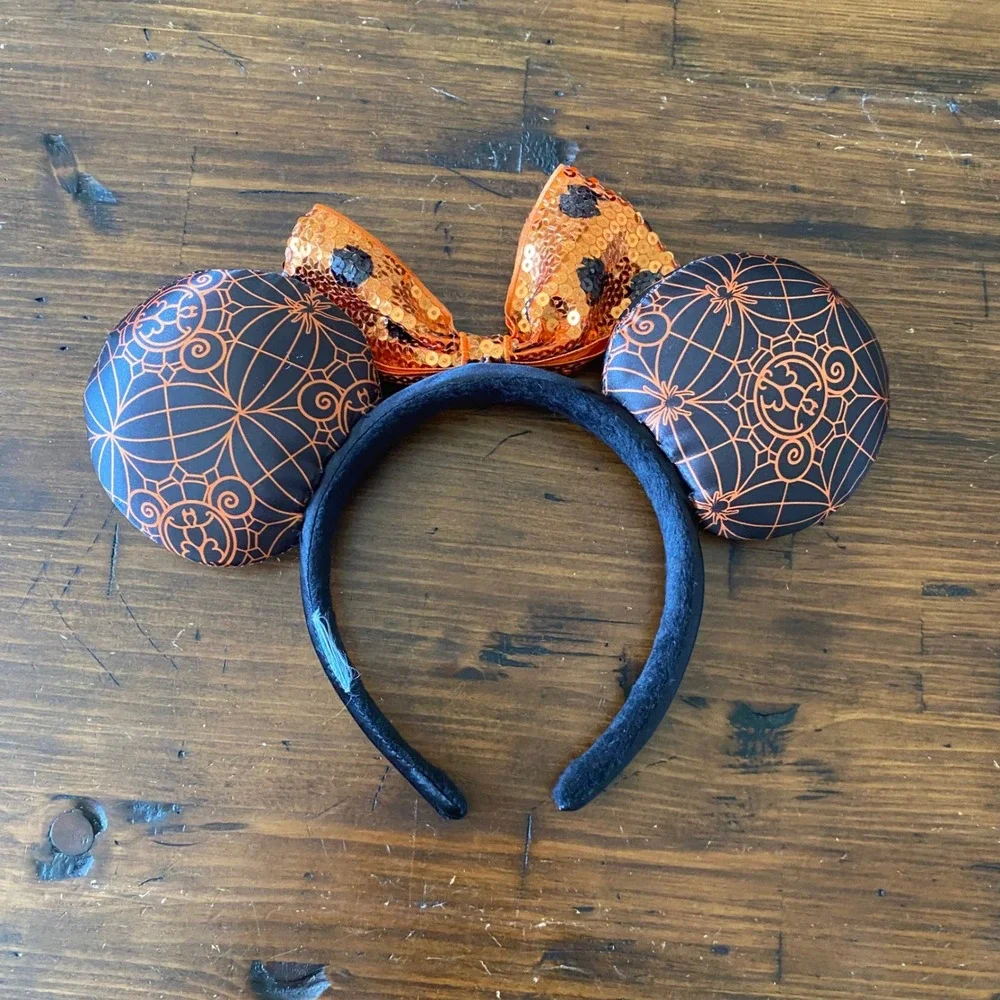 Disney Parks Minnie Mouse Halloween Spider Web Sequin Bow Headband Orange Black